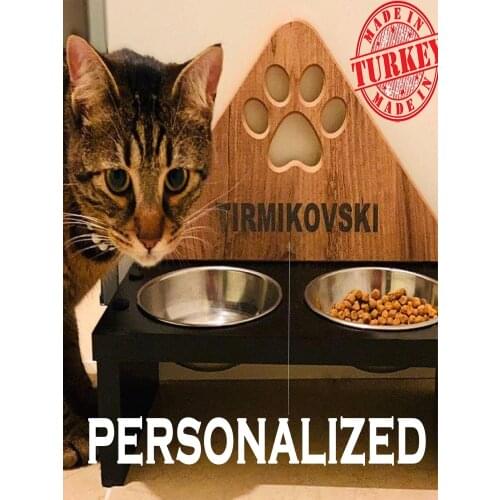 Stainless steel personalized wood double cat dog pet food feeder bowl ergonomic free name on high premium class made in turkey