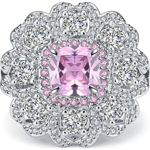 Pink Zircon Flower Ring Micro Pave Luxury Bijoux Femme Wedding Bridal Jewelry For Women Party Universary Dropshipping Wholesale