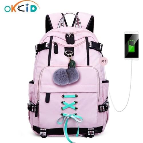 OKKID high school bags for teenage girls large school backpack female travel laptop backpack 15.6 usb charge bag plush ball gift