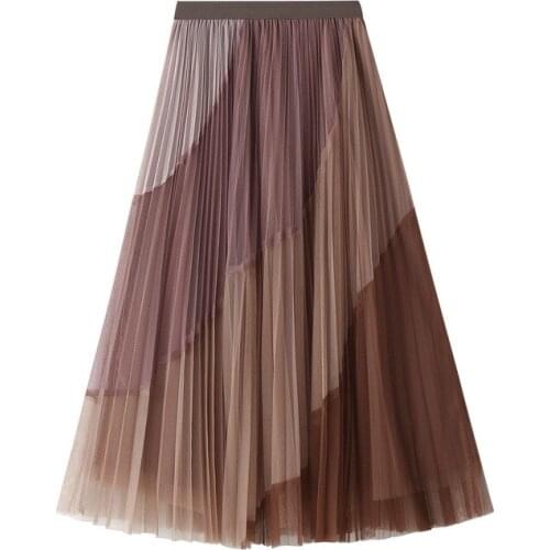 Mesh Pleated Skirt Women Patchwork Tulle Skirt Female Street Style Spring Summer New High Waist A-Line Skirt Female Jupe Longue