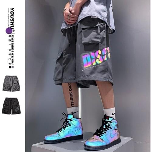 Reflective Techwear Mens Casual Short Pants Men Black Korean Streetwear Male Cargo Pants Trend Loose Shorts pantaloncini da uomo
