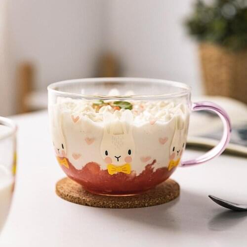 500ml With Handle Glass Mug Breakfast Milk Cup Cute Lady Child Water Office Home Coffee Mug Rabbit Apple Cherry Bear Pattern