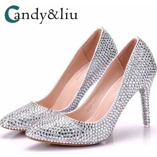 Large size crystal wedding shoe heels fine diamond with pointy shoes D09R5R dinner dress shoes