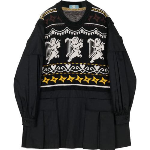 Korean Retro Loose Fashion Sweater Round Neck Long-sleeved Pullover Fake Two-piece Patchwork Knitted Top 2021 Autumn Winter New