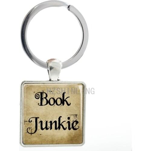 Vintage charms Book Junkie square keychain fashion book lover key chain ring holder school jewelry keyring friends gifts AA41