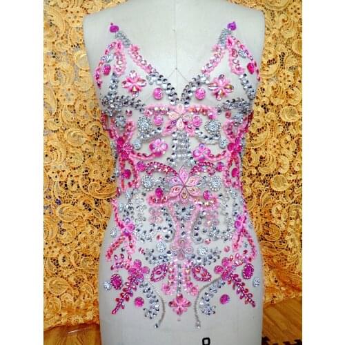 ZBROH Pure hand made pink/silver sew on Rhinestones applique crystals patches 50*32cm DIY dress accessory