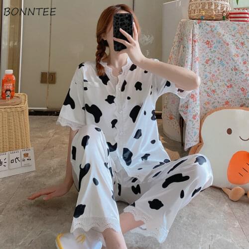 Women Short Sleeve Pajama Sets Cow Printed Lace Ankle Length Fresh Lovely Comfortable Home-wear Females College Students Summer