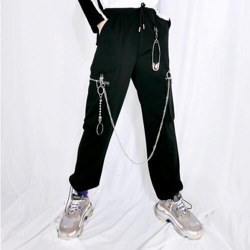Harajuku Pants Women High Waist Chain and Pin Decoration Loose Drawstring Hip Hop Casual Trousers Punk Gothic Fashion