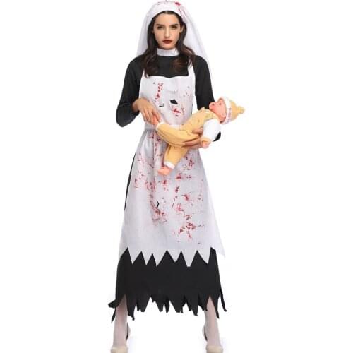 Womens Dreadful Nun Costume Sister Cosplay Fancy Dress Zombie Ghost Witch Costumes