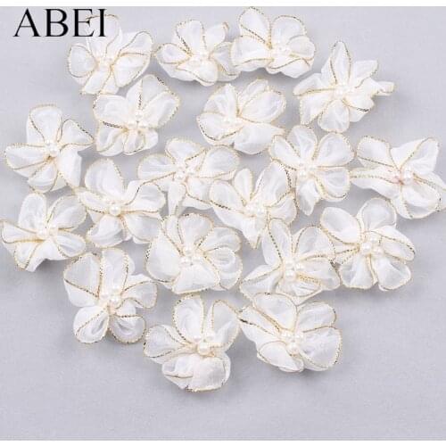 15pcs 4cm White Organza flower Quality Beaded rose flower head DIY Scrapbook Cards Wedding Party Gift Crafts Accessories