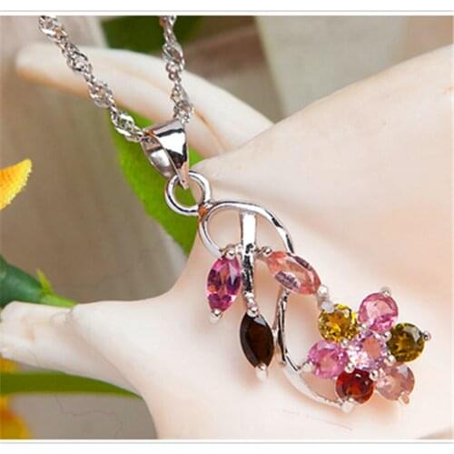 2018 New Arrival Fashion Silver Pendant For Women Femme Necklace Genuine Natural Crystal Quartz Flower Tourmaline Pendant Bead