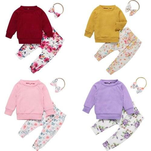 2021 Spring Autumn Baby Floral Long-sleeve Hoodie Pants with Headband Set Kids Toddler Girl Clothing Set