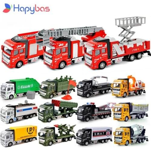 1:48 Children Pull Back Alloy Car Toy Model Simulation Engineering Excavator Fire Digging Ladder Truck Model Boy Gift