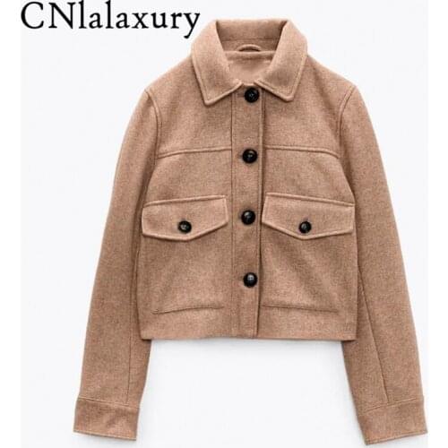 CNlalaxury New Za High Street Women Woolen Short Jacket Coat 2021 Autumn Vintage Lapel High Waist Loose Elegant Female Outwear