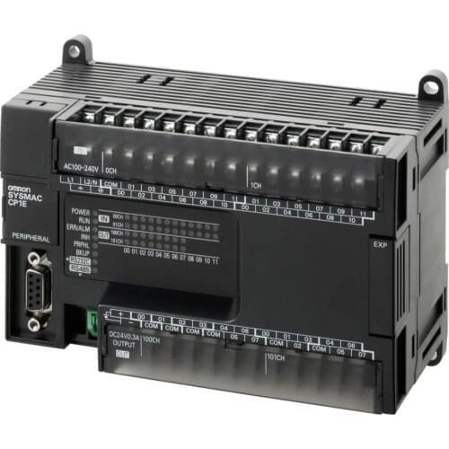 CP1E-N40S1DR-A PLC, 100-240 VAC supply, 24 x 24 VDC inputs, 16 x relay outputs 2 A, 8K steps program + 8K words data memory