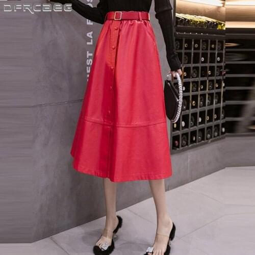 Red Autumn Winter Loose Leather Womens A-Line Skirts With Belt 2021 High Waist Big Swing Button PU Long Skirt Femme