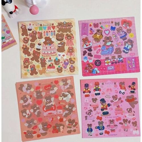 1pc Cute Retro Bear Glitter Decorative Stickers Diy Scrapbooking Korean Laser Doodle Diary Album Journal Stationery