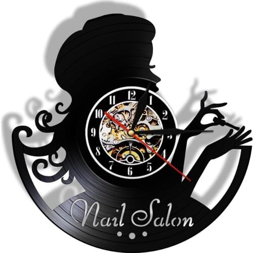 Manicurist Beauty Nail Salon Bar LED Vinyl Record Nightlight Clock Manicure Vintage 12" Black Hanging Wall Watch Mood Lamp Saat
