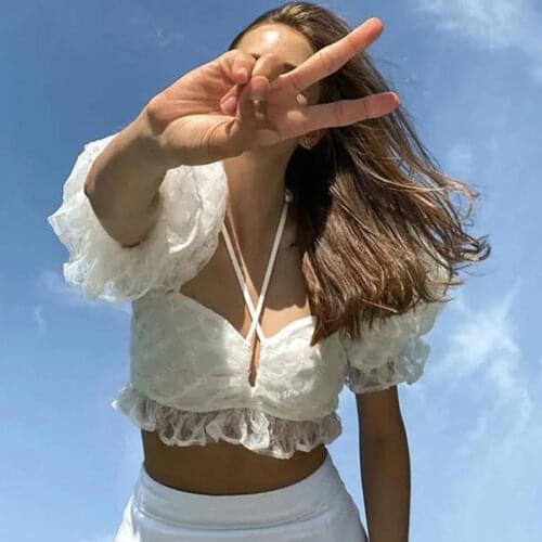 MosiMolly Sexy White Lace Blouses Shirt Tops Puff Sleeve Women Ruffle Cropped Tops Women Blusas Shirt Boho Beach 2021 Summer