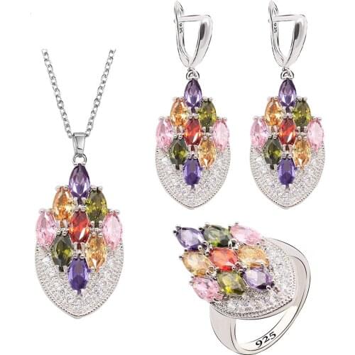 Multicolor Blue Black Semi-precious Silver Color Jewelry Sets for Women Earrings Necklace Pendant Ring