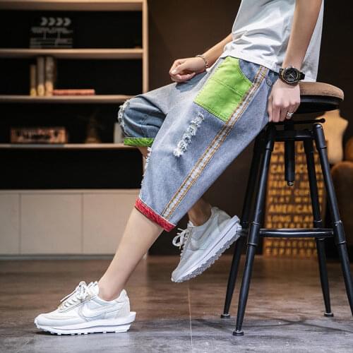 BANNAJI Men`s Denim Shorts Street Style Japanese Style Patchwork Hip Hop Ripped Destroyed Fashion 3/4 Jeans For Male