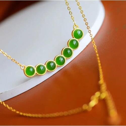 Natural Hetian Jasper multiple beads pendant necklace Chinese style retro unique ancient gold craft original silver jewelry