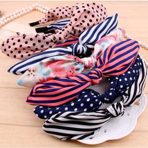 Rabbit Ears Cloth Striped Print Side Bow Headband Hair Hoop Fashion Ladies Dot Solid Hair Band For Girl Hair Accessories