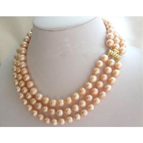 3 Rows 8-9mm Round Pink South Sea Pearls Necklace 17''18''19
