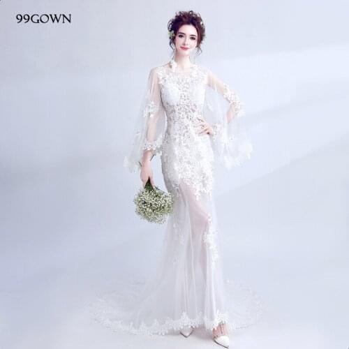 99GOWN Tulle Wedding Dress 2019 Simple Long Batwing Sleeve Sexy Backless Bridal Mermaid Dress Tulle Sweep Train Bridal Gown