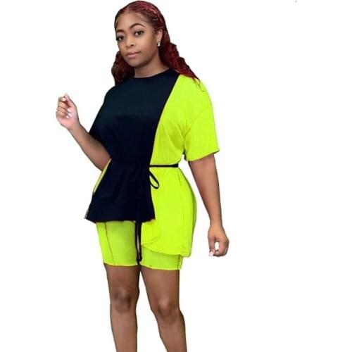 Casual Fashion 2 Piece Sets Womens Outfits Summer Color Patchwork Two Piece Matching Sets T Shirt Top and Shorts Set Streetwear