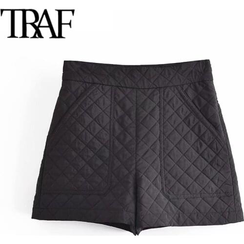 TRAF Women Fashion With Pockets Thin Padded Shorts Vintage High Waist Side Zipper Female Short Pants Mujer