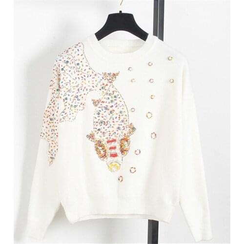 Spring Autumn long sleeve Women Sweater Pullover goldfish Embroidery Bead sequin Casual Knitting Tops