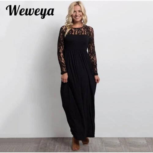 Weweya Spring Lace Dress Women Sexy Long Sleeve Patchwork Lace long Dress Casual Black Party maxi Dresses robe femme vestidos