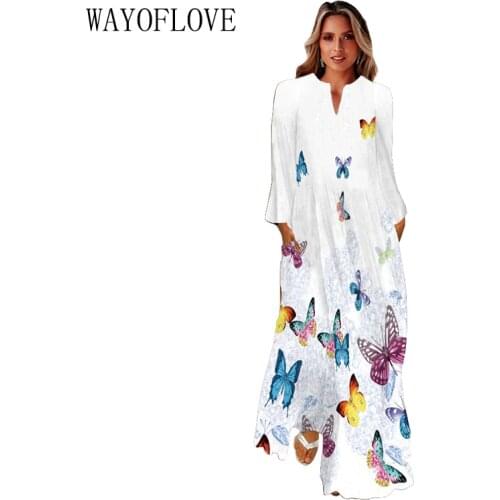 WAYOFLOVE 3D Butterfly Printed White Dress 2021 Long Sleeve Autumn Casual Dresses Woman Elegant Girls Plus Size Long Dress Women