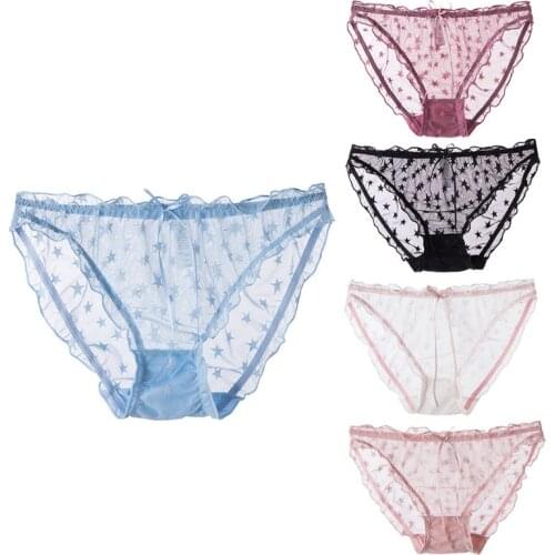 Y166 Women Sexy Sheer Mesh Ruffles Panties Cute Star Ribbon Bowknot Briefs Underwear