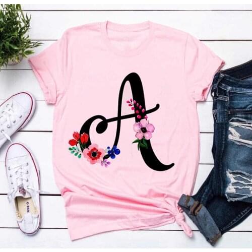 Custom Name Letter Combination Womens High Quality Printing Pink T-shirt Flower Letter Font A B C D E F G Short Sleeve Clothes