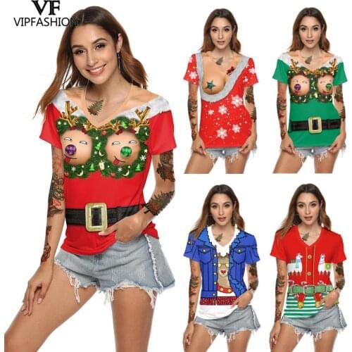 VIP FASHION Harajuku Summer Woman Funny Christmas Printed T-Shirts Women V-Neck Short Sleeve Casual 3D Party Top Tee Shirt