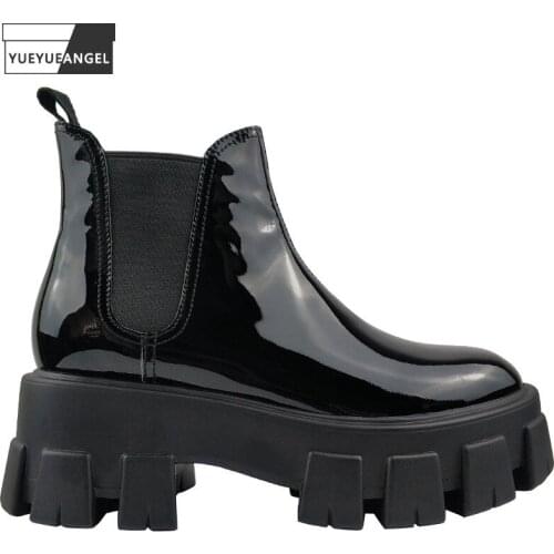 Punk Sytle Women Thick Platform Ankle Boots Slip On Cowhide Patent Leather Chelsea Boots Female Winter Fleece Lining Riding Shoe