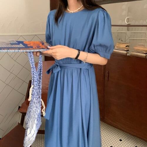 2021 New Women Summer Blue Long Dress Sashes Round Collar Back Buttons Slim Waist A-line Pullover Sundress