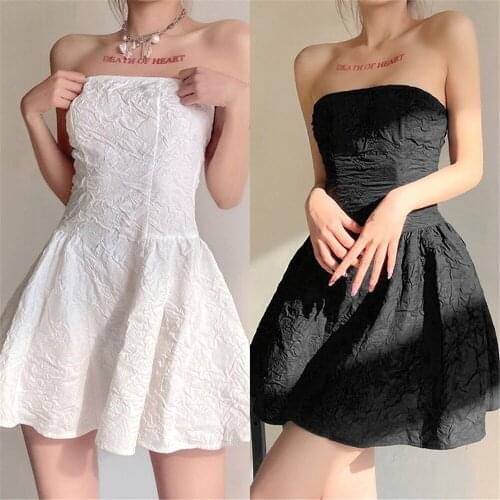 Women Summer Strapless High Waist Solid Color A-Line Dress Elegant Sleeveless Off-The-Shoulder Evening Party Dress Black White