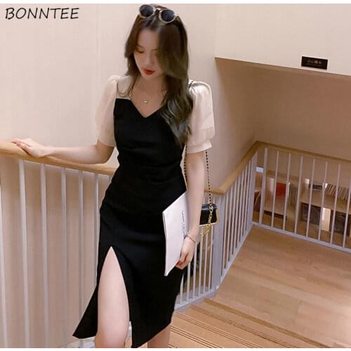 Dress Women Sexy Patchwork Leisure Holiday Party Female Side-slit Elegant Puff Sleeve Abdomen Two-length Fashion Design Summer