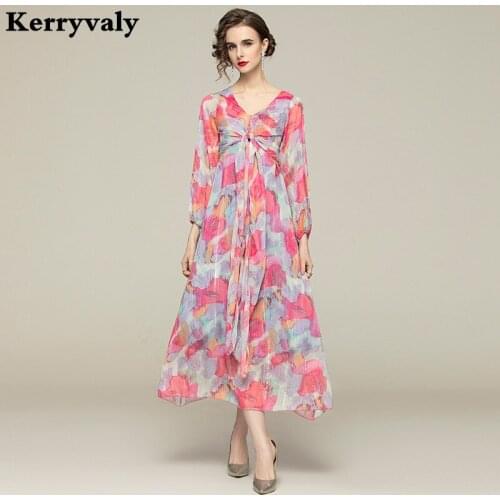 New 2021 Spring Dream Rainbow Lantern Sleeve Bright Silk Chiffon Print Long Maxi Dress Women Bohemian Beach Dresses K2121