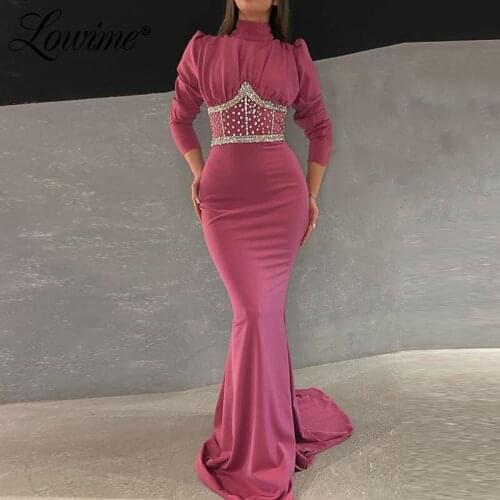 Formal Long Beading Evening Wear Middle East Dubai Dresses Woman Party Night Mermaid Long Sleeves Prom Dress Evening Gown 2020