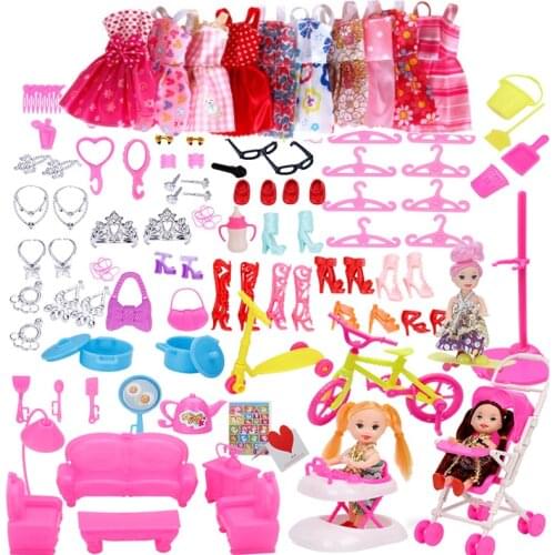118Pcs/Set Doll Gifts Accessories Dressup Clothes Set 10Pcs Dress +108 Kits Shoes Glasses DIY Furniture Clothing For Barbie Doll