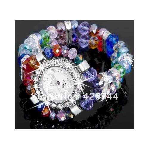 2PCS Faceted Crystal Glass Beads Bracelet Bangle Round Watch CHIC