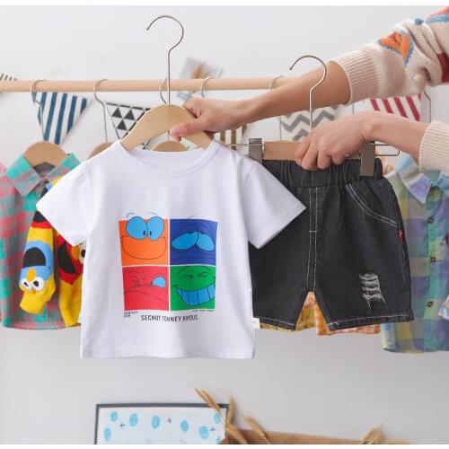 2021 New Baby Boys Girls Summer Cotton O-Neck Children T Shirts Cartoon Denim Shorts 2Pcs/Sets Infant Kids Toddler Tracksuits