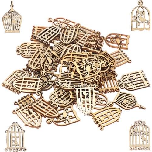 50pcs Vintage Bird Cage Wood Laser Cut Out Natural Wood Pieces Children Handmade Scrapbooking DIY Party Wedding Decoration New