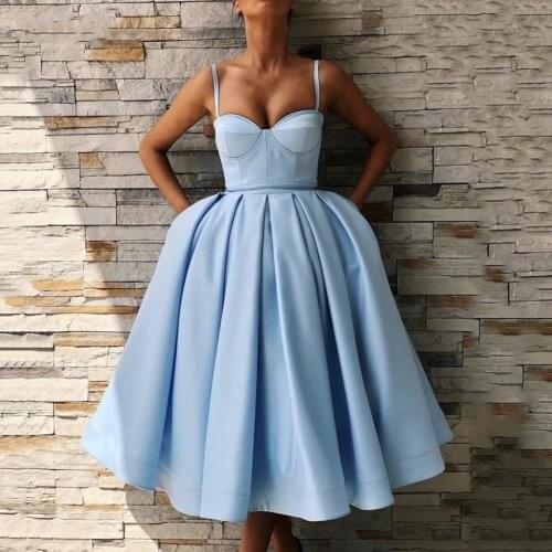 A-Line Sweetheart Knee-Length Light Blue Satin Short Dresses Cheap With Spaghetti Strap Pockets