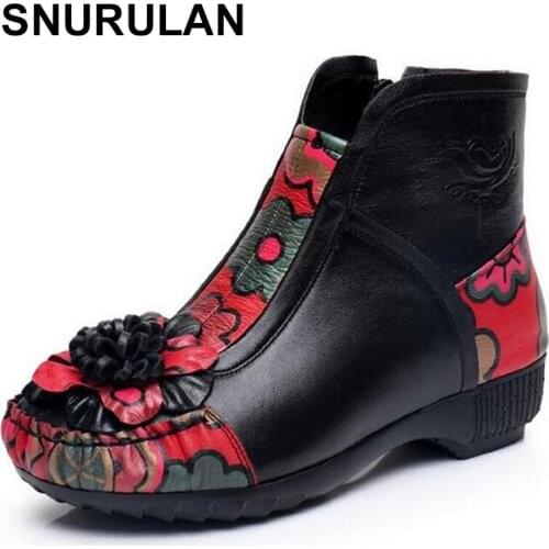 SNURULAN Brand Boots Flowers Printing Cowhide Leather Shoes Women Boots 2018 New Autumn Winter Boots Snow Boots Fashion Plus
