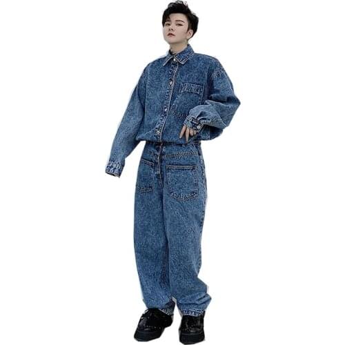 Spring and summer ripped nine-point denim overalls men ripped denim suspenders jumpsuit